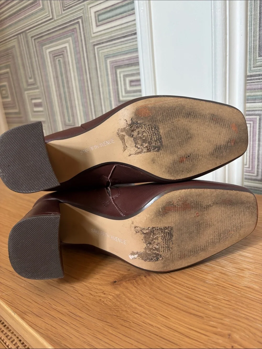 Burgundy Block Heel Square Toe Saks Fifth Avenue Ankle Boots
